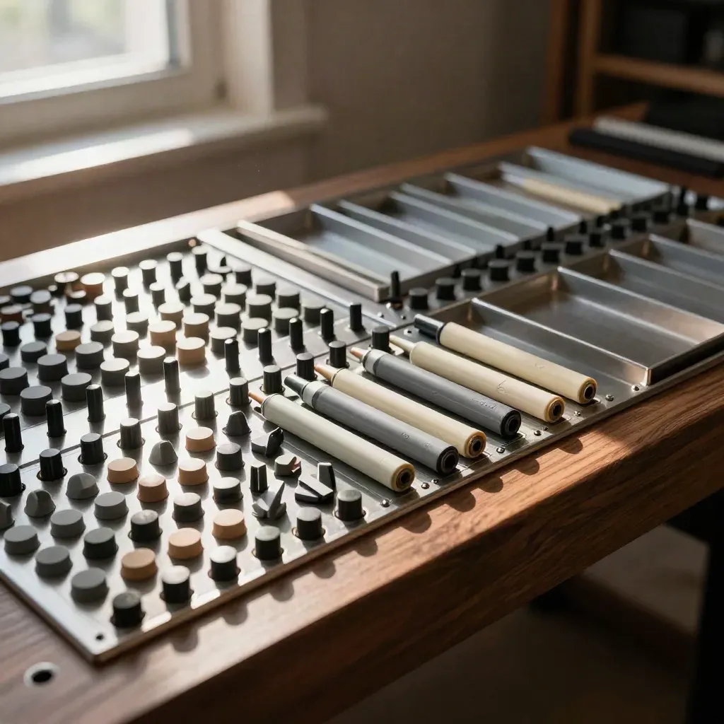 Modular operations rail with colour-coded tokens and stacked trays in a quiet studio