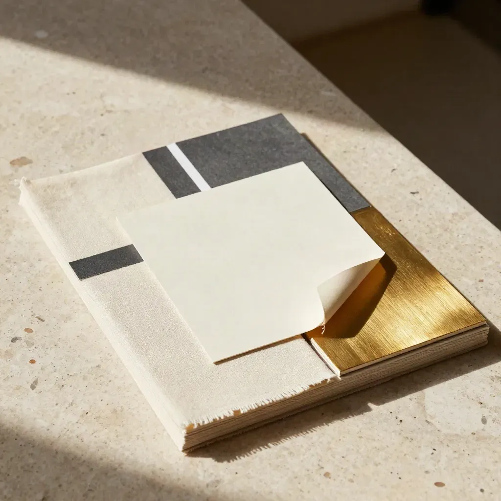 Brand-positioning swatches on travertine with gold tile and blank cream card.