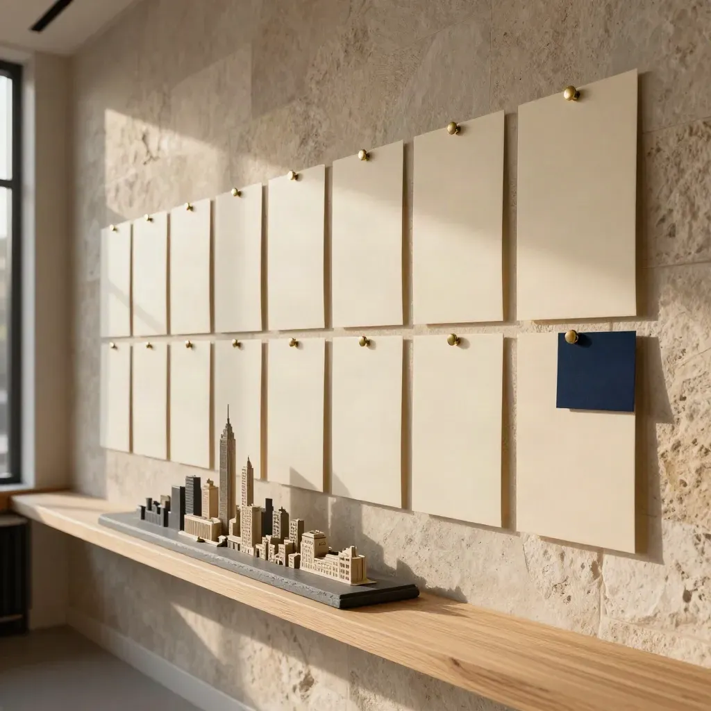 Cream strategy wall with brass pins and a folded city maquette in warm window light.