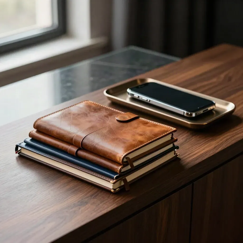 Leather diaries, phone dock, and inbox tray on a walnut sideboard in dawn haze.