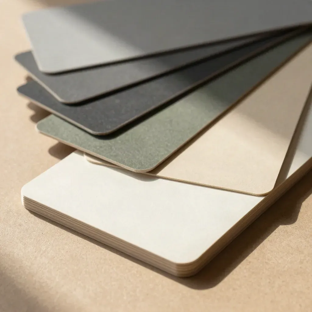 Cream swatches, charcoal strips and unprinted cover boards on a textured khaki surface