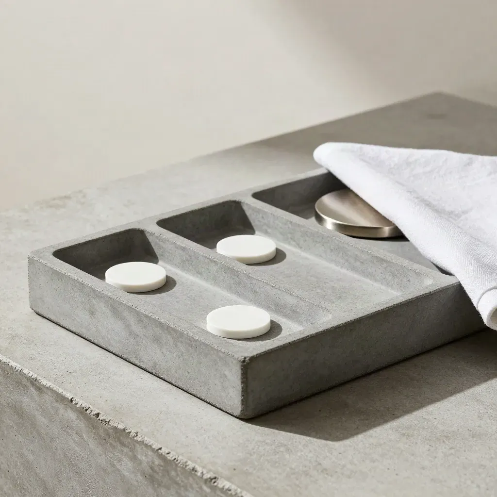 Stone workflow tray with a white token, linen cloth, and lamp base on concrete.