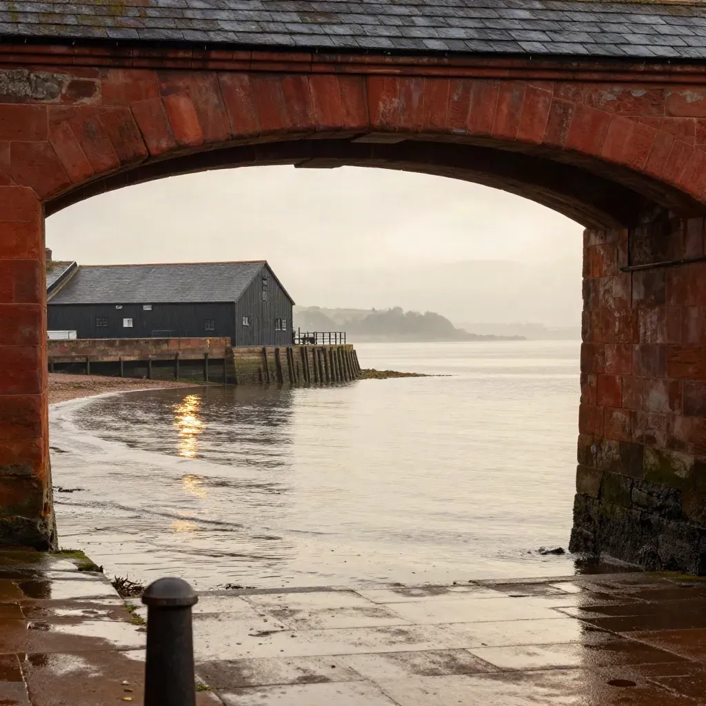 Moody dockside view of North West England with red sandstone, wet quays and a misty skyline.