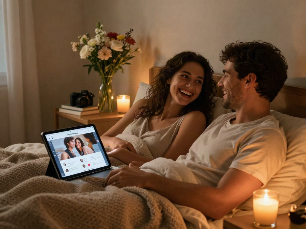 Couple enjoying ai sex relationship support app in cozy bedroom.